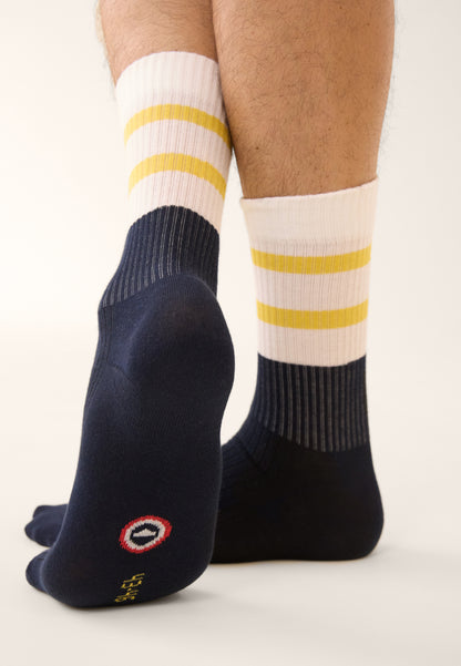 Set of 2 mid-calf cotton socks - Khaki Veronese Stripes Socks with Lemon Yellow Block
