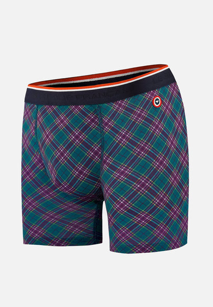 Boxer long à motif tartan bleu canard en coton - Michel Tartan Bleu Canard