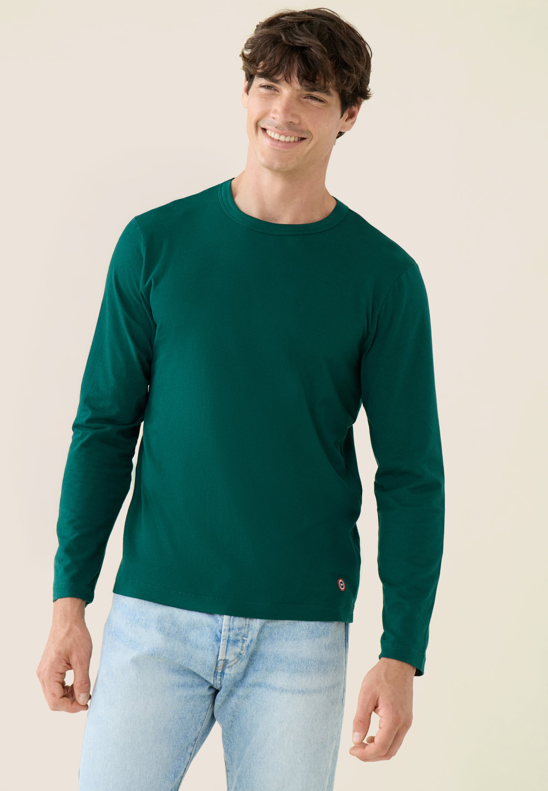 Men's long-sleeved cotton t-shirt in fir green - Superb Fir Green