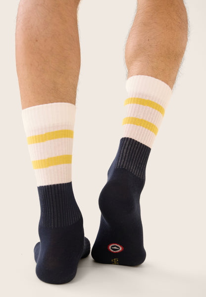 Striped mid-calf sports socks in yellow and navy blue - Wilfried Bloc Lemon Yellow Navy
