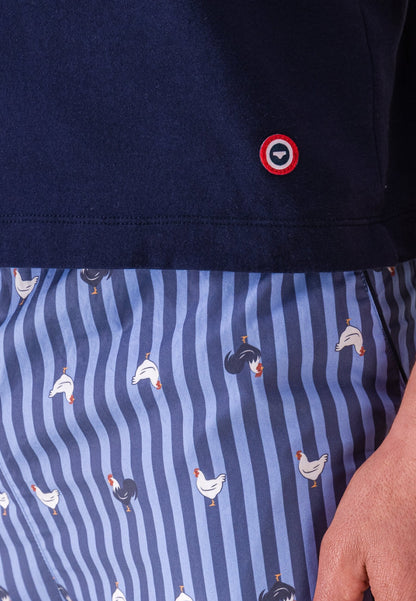 Ensemble pyjama haut et pantalon bleu en coton - Pyjama Haut Manches Courtes Formidable Et Bas De Pyjama Long Bastien Rayures Coq
