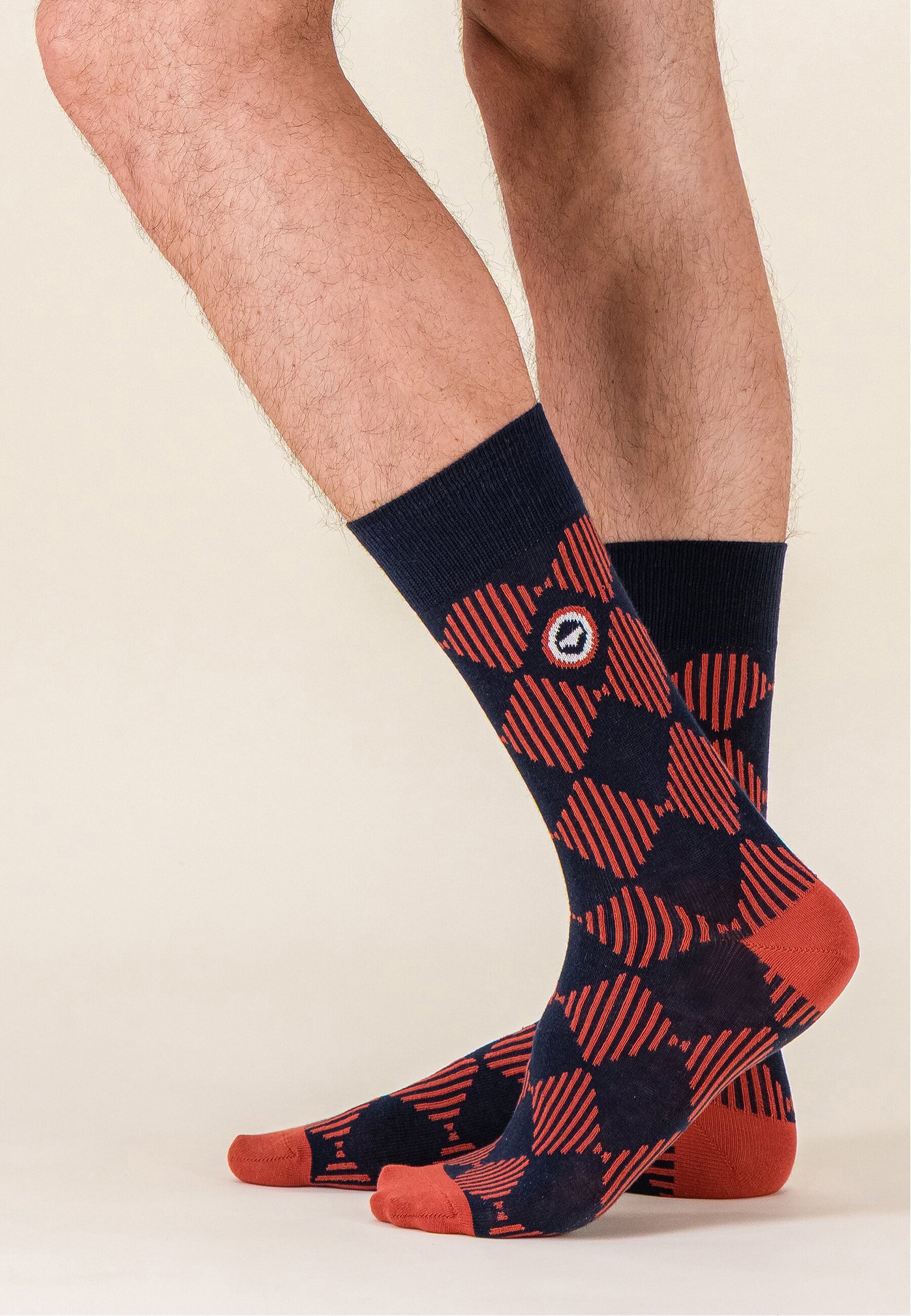Lot de 3 chaussettes mi-haute en coton - Chaussettes Marine Rouge Brique Damier Rouge Brique Marine