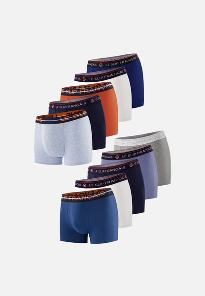 Lot de 10 boxers en coton - Boxers Marine Brique Acier Indigo Bleu Ciel Blanc Bleu Jean Marine Blanc Gris Chiné