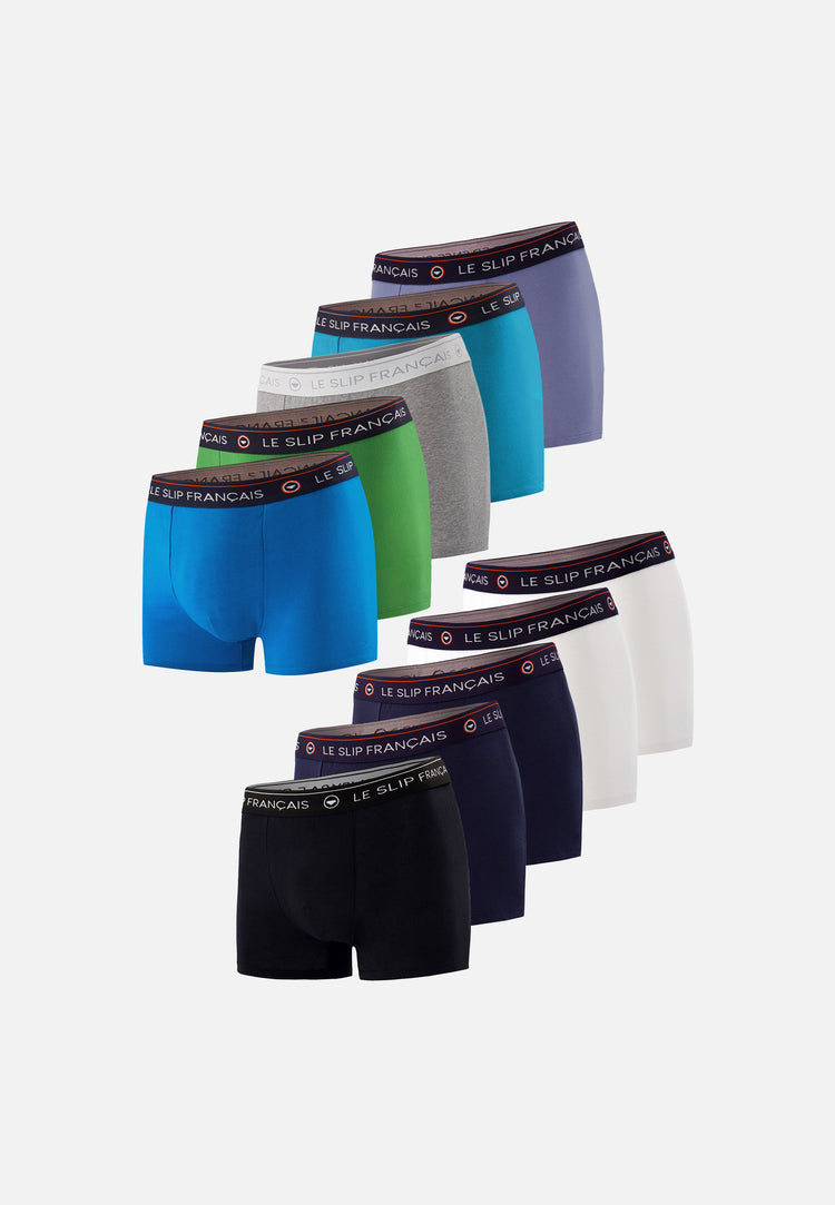 Pack of 10 cotton boxers - Navy Grey Heather Topaz Mint Green Turquoise Blue White Denim Blue Black Boxers - Le Slip Français - 1