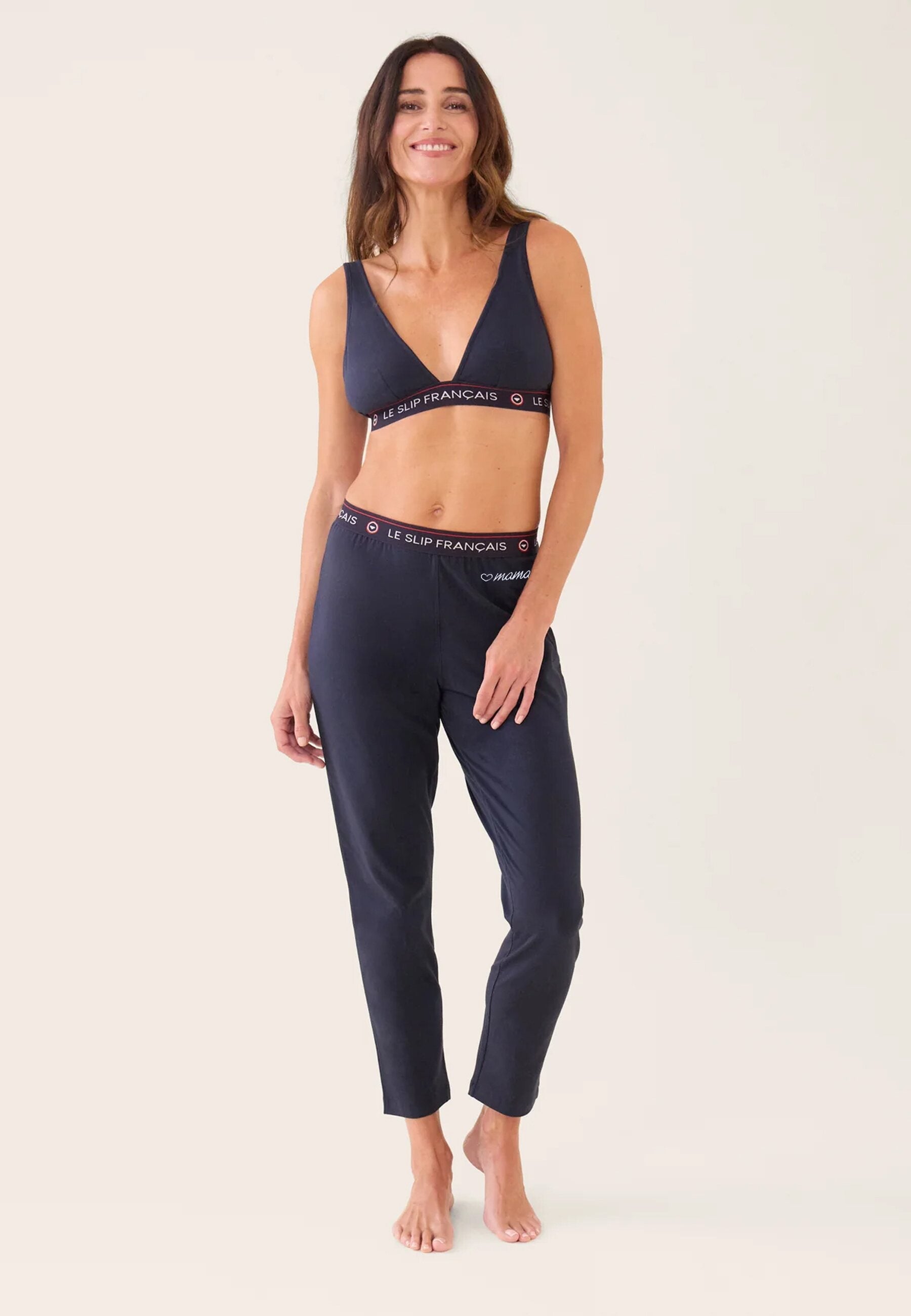 Bas de pyjama long femme bleu marine en coton - Vigoureuse Marine Brodé Cur Maman