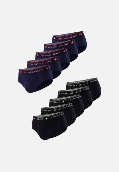 Lot de 10 slips bleu marine et noir en coton - Slips Marine Noir