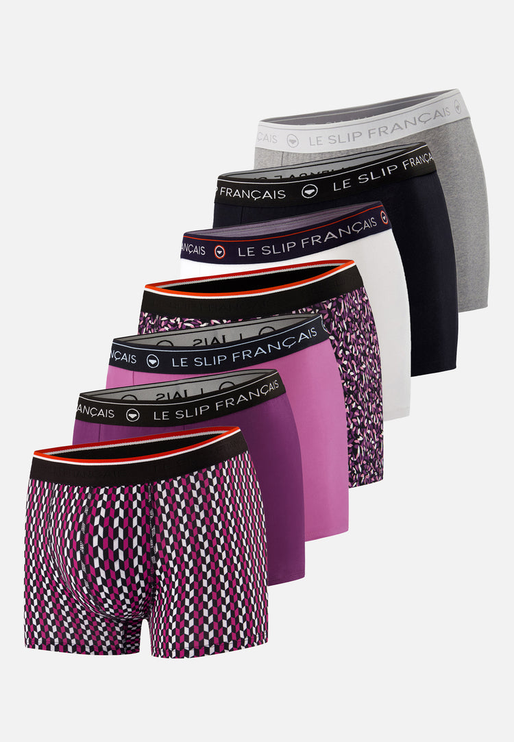 Lot de 7 boxers en coton - Boxers Prune Fuchsia Blanc Noir Gris Chiné Fléchette Fuchsia Gavotte Prune - Le Slip Français - 1