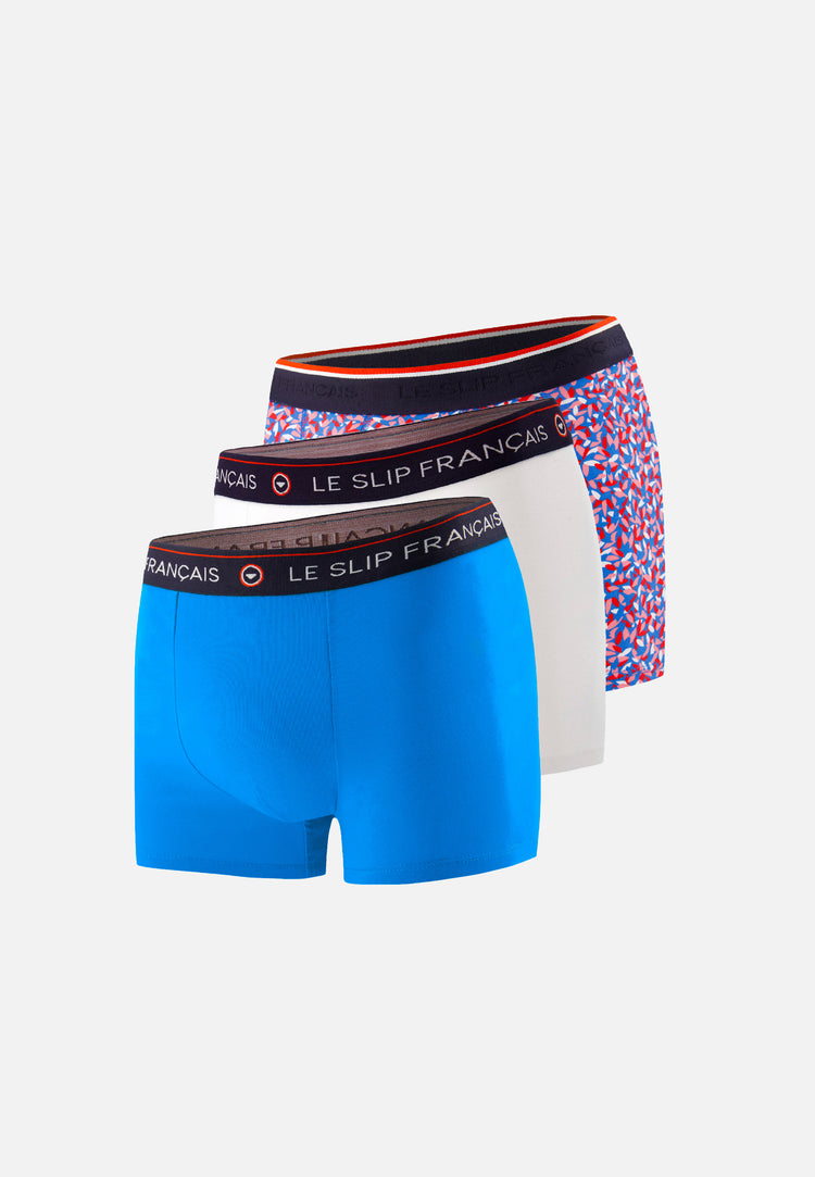 Pack Trio Boxer Redoutable Blanc Bleu Fluo Marius Gavotte Bleu Fluo - Le Slip Français - 1