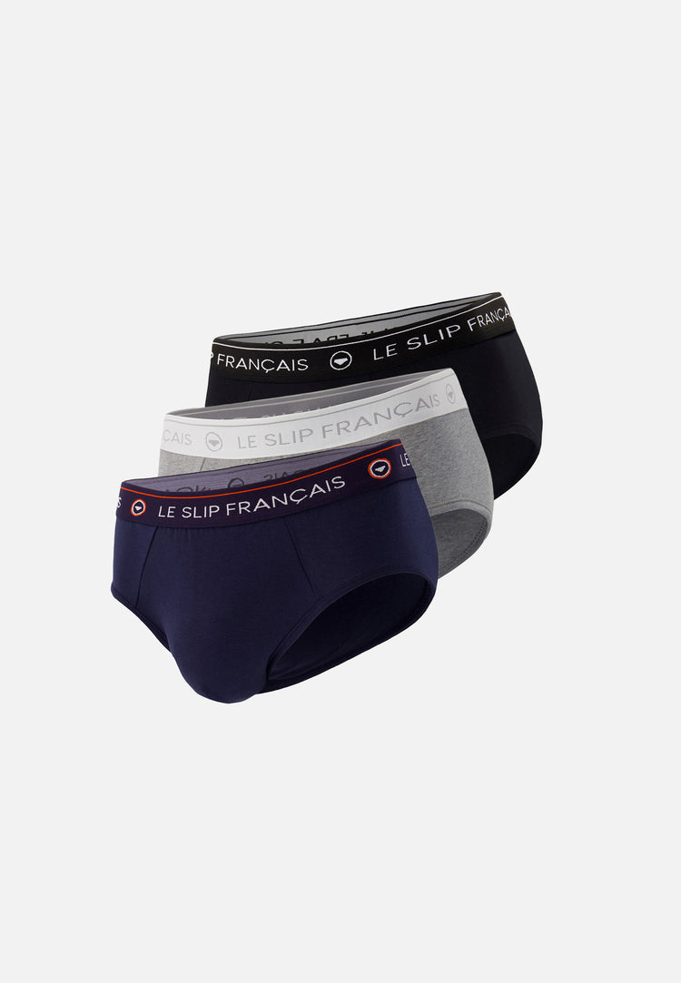 Lot de 3 slips bleu marine, noir et gris en coton - Slips Bleu Marine Noir Gris Chiné - Le Slip Français - 1