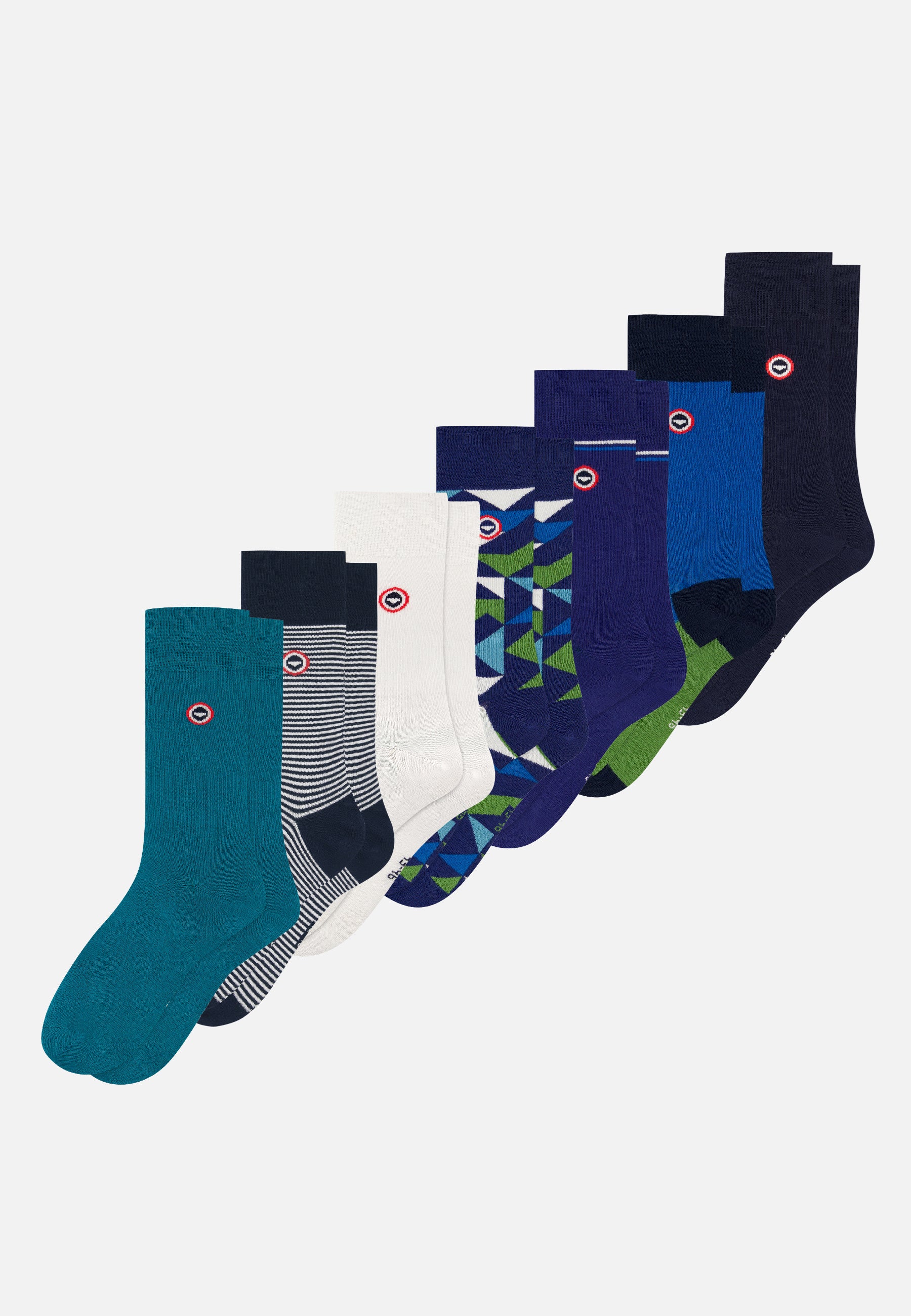Pack of 7 mid-calf cotton socks - Topaz Striped White Mosaic Indigo Block Navy Socks