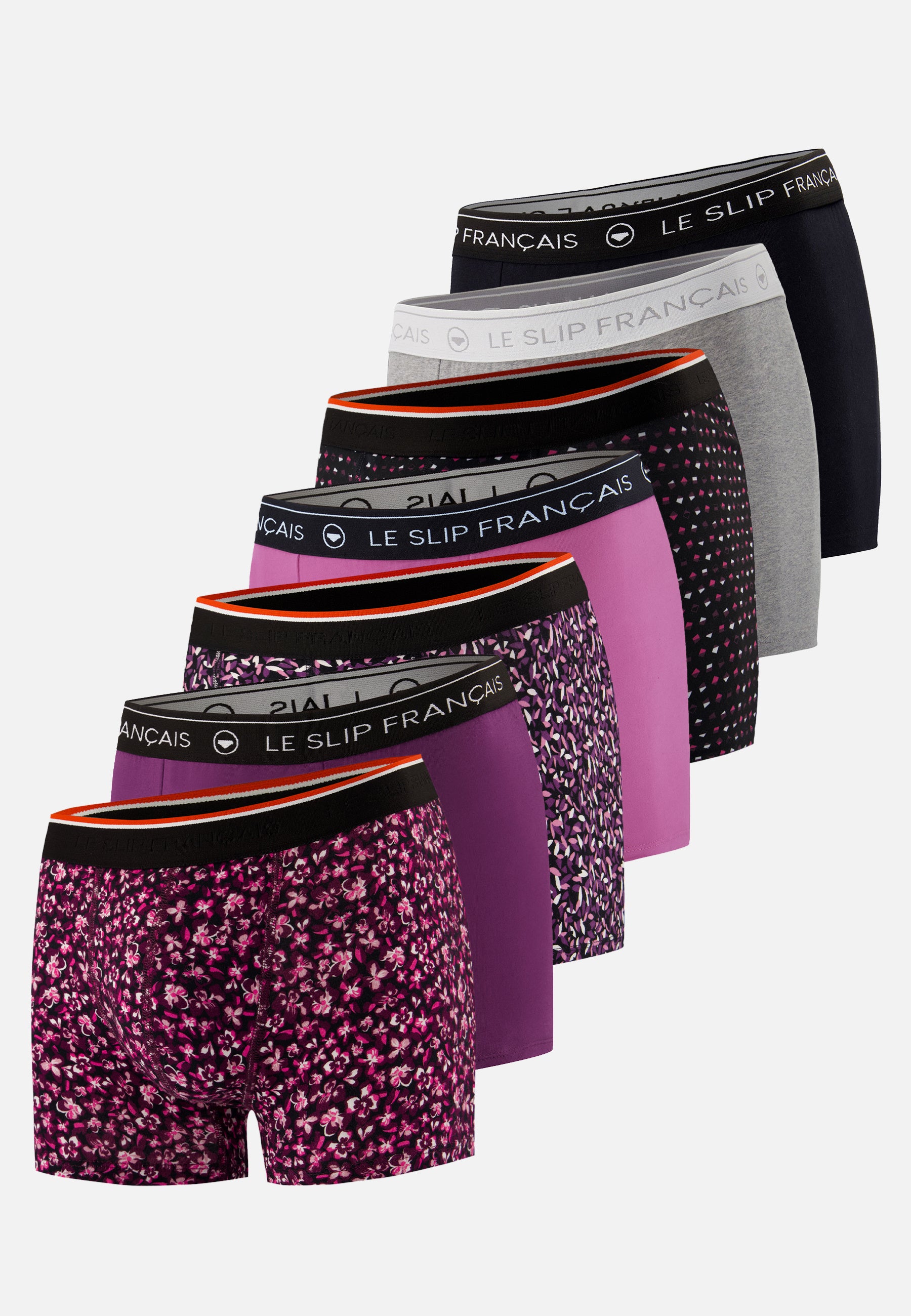 Lot de 7 boxers en coton - Boxers Prune Fuchsia Noir Gris Chiné Hibiscus Prune Gavotte Prune Petit Carrés Noir