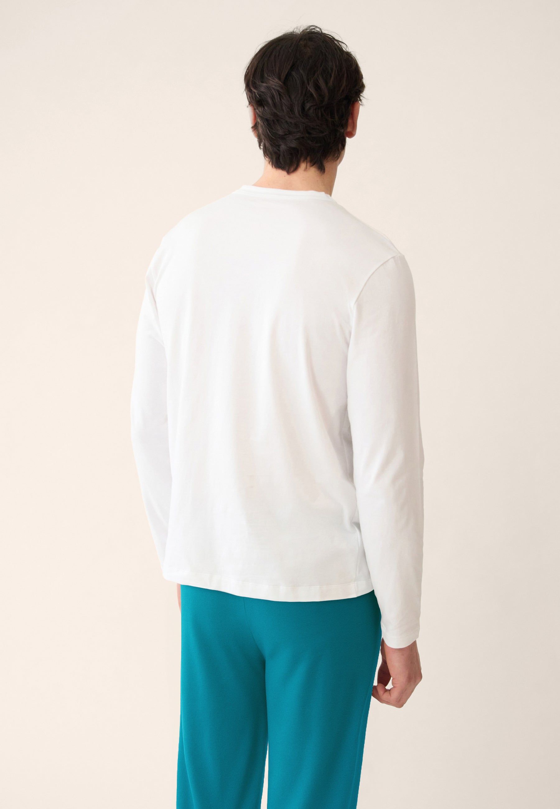White top and blue cotton pants pajama set - Superb long sleeve pajamas in white and indomitable long pajama bottoms in topaz