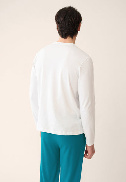 White top and blue cotton pants pajama set - Superb long sleeve pajamas in white and indomitable long pajama bottoms in topaz