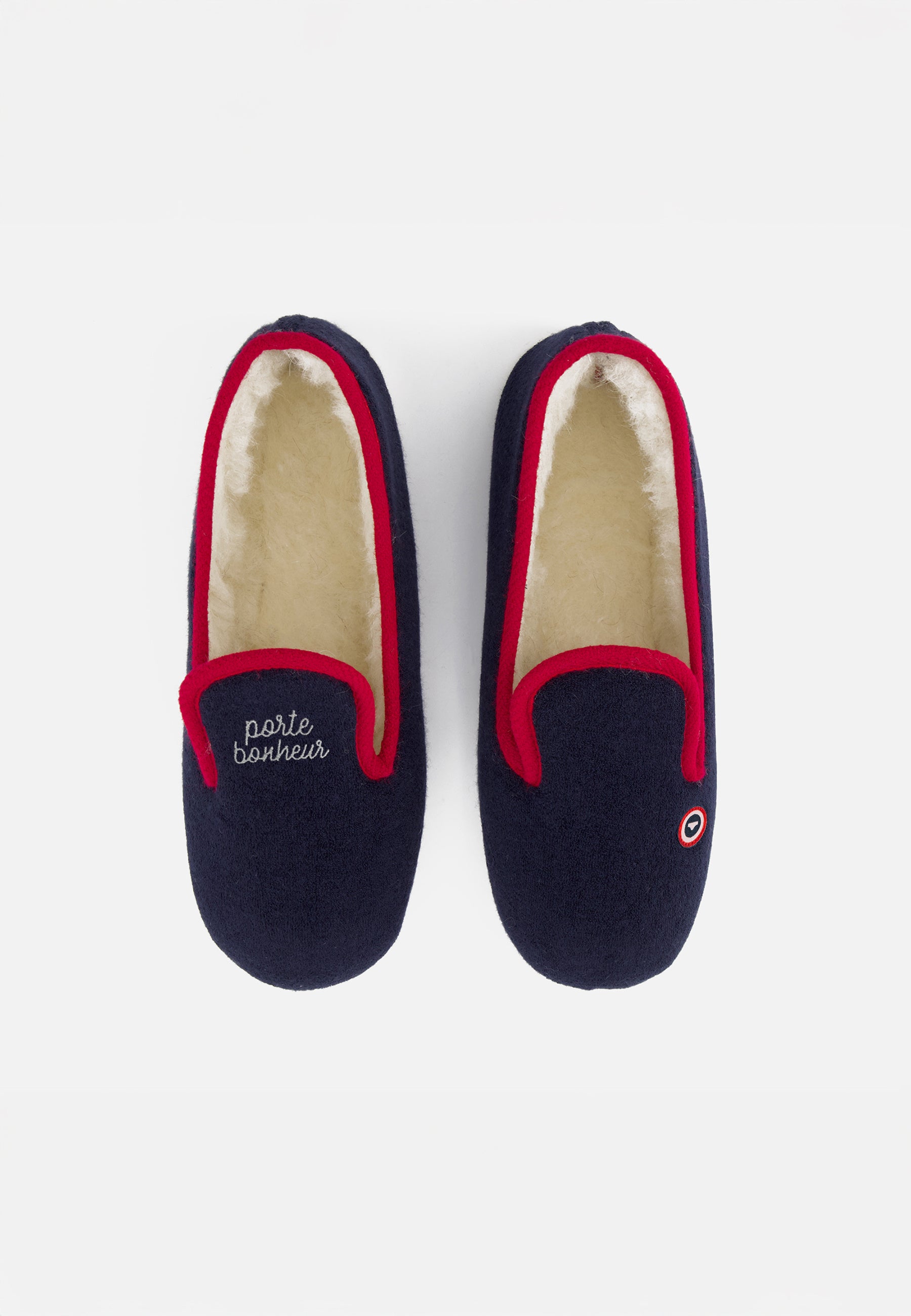 Chaussons d'intérieur bouclette bleu marine - Pantoufles Bouclette Marine brodé Porte Bonheur