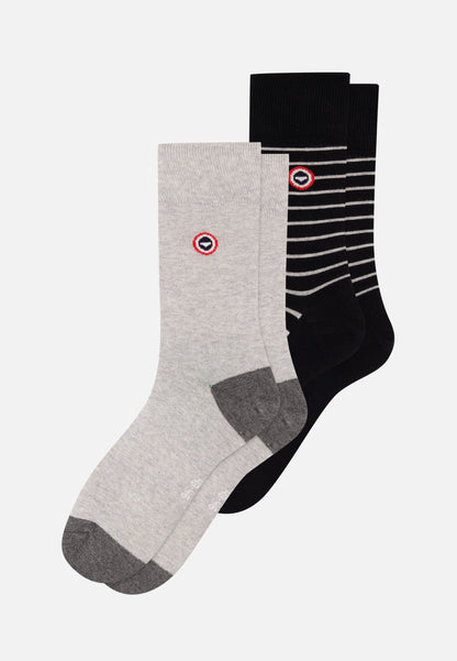 Lot de 2 chaussettes en coton - Chaussettes Bicolore Gris Rayures Noir Gris