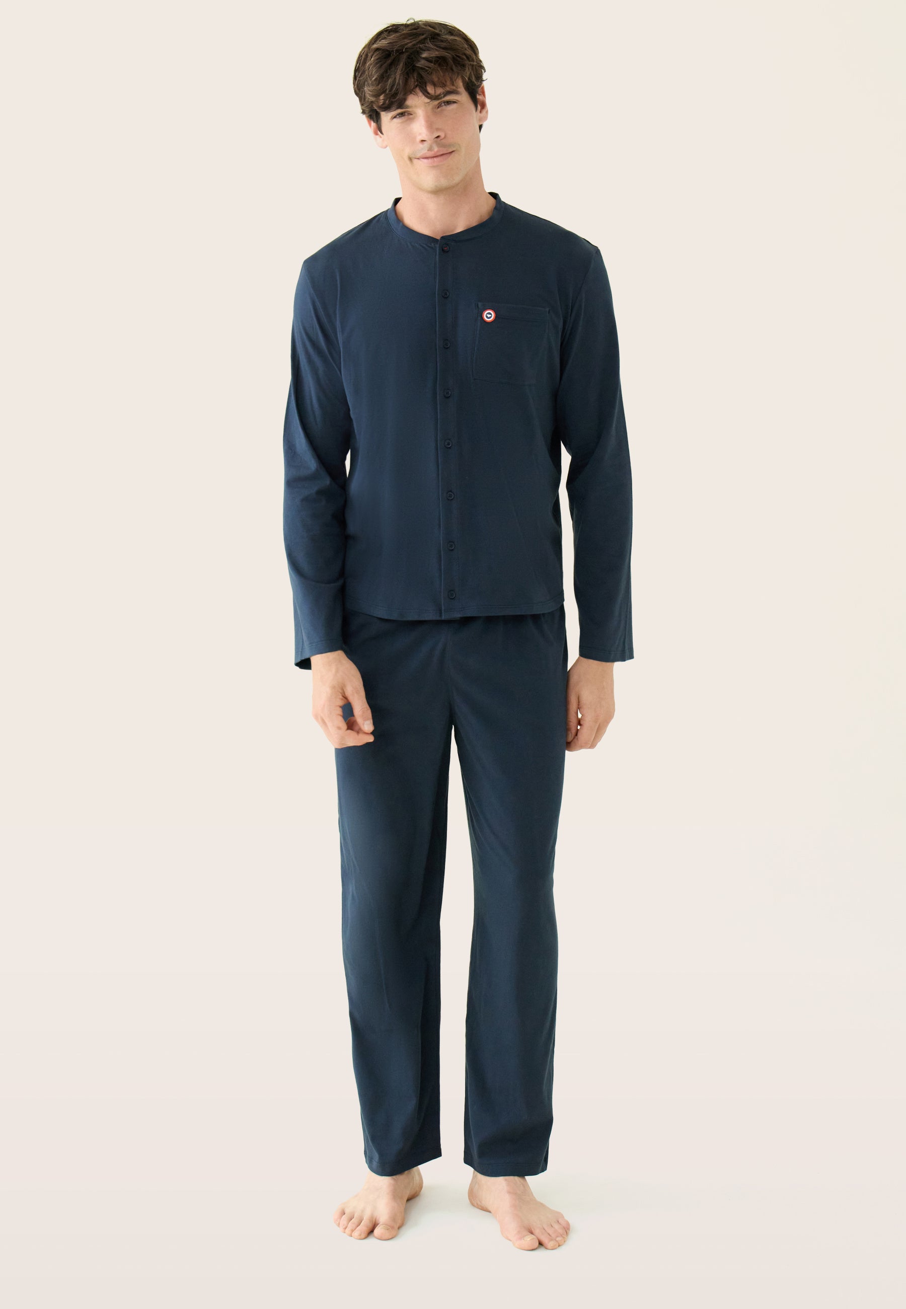 Ensemble pyjama haut et pantalon bleu marine en coton - Pyjama Hugo Haut Manches Longues Et Bas Long Uni Marine