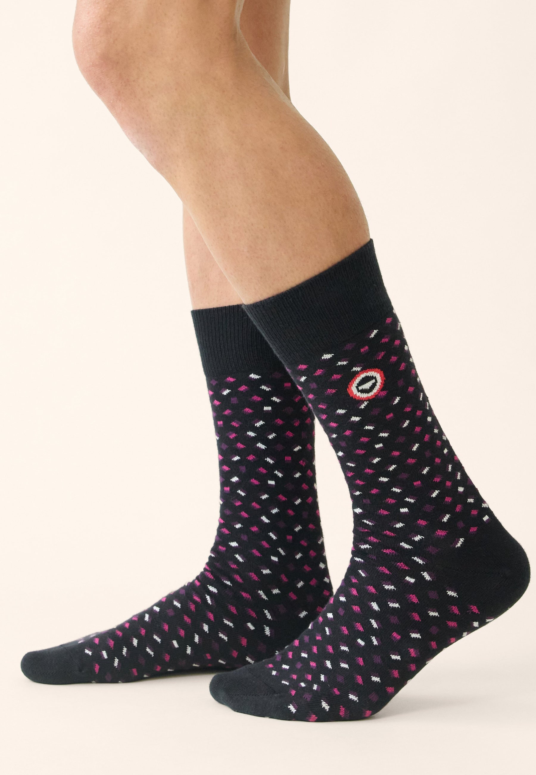 Chaussettes mi-hautes noires avec carrés fantaisie - Lucas Petit Carre Noir