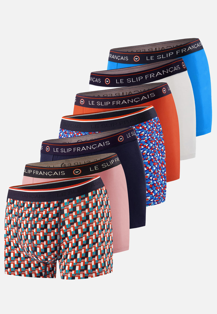 Pack Semainier Boxer Redoutable Marine Rose des Bois Blanc Argile Rouge Bleu Fluo Marius Corbusier Cami Bleu Fluo - Le Slip Français - 1