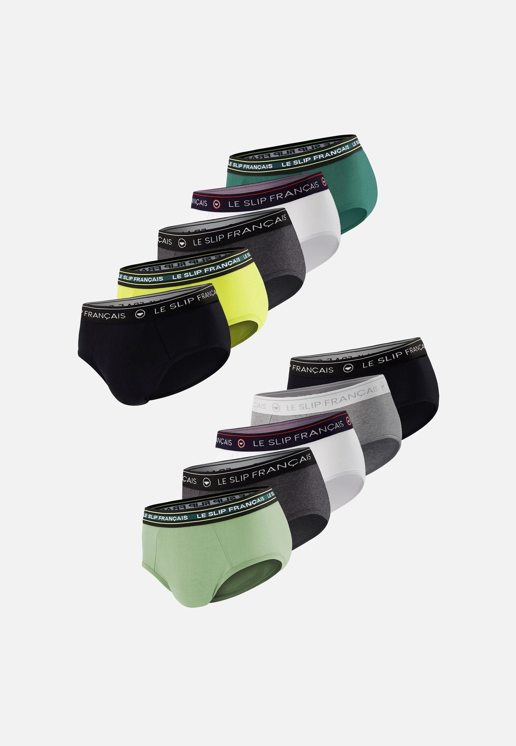 Lot de 10 slips en coton - Slips Noir Blanc Gris Chiné Anthracite Jaune Anis Vert Sauge Vert Forêt