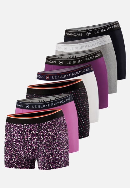 Lot de 7 boxers en coton - Boxers Gavotte Prune Blanc Prune Fuchsia Petits Carrés Noir Gris Chiné