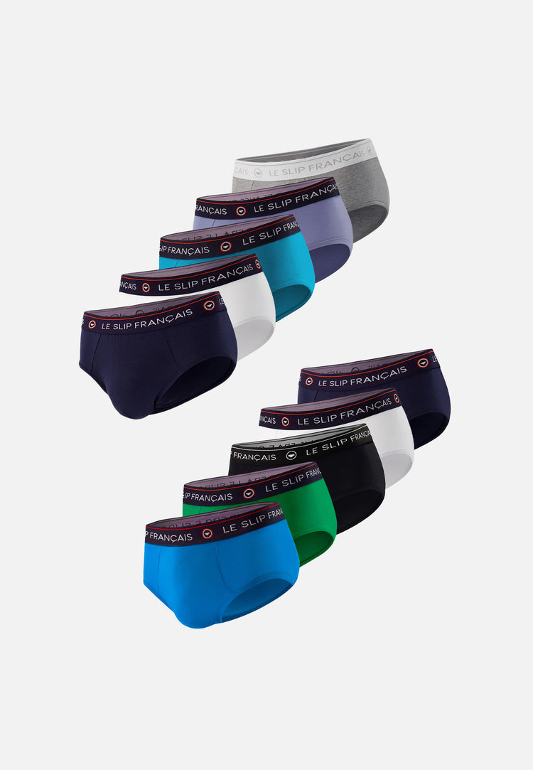 Lot de 10 slips en coton - Slips Marine Gris Chiné Topaz Mint Green Bleu Turquoise Blanc Bleu Jean Noir - Le Slip Français - 1