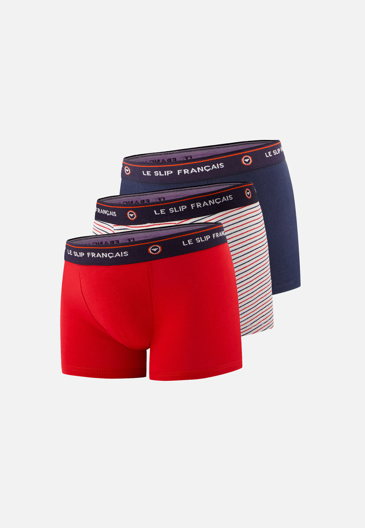 Pack of 3 Children's Cotton Boxers - Navy Blue White Red Stripe Boxers - Le Slip Français - 1