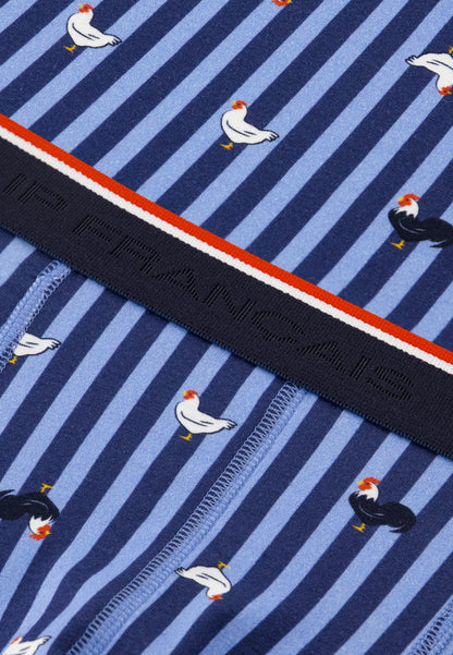 Boxer long à motif rayure coq bleu acier en coton - Michel Rayure Coq Bleu Acier