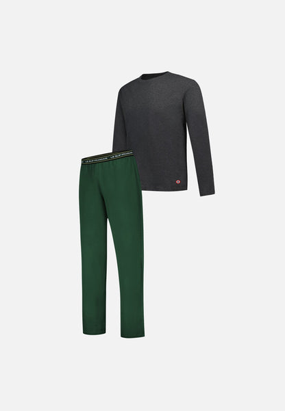 Ensemble pyjama haut gris anthracite et pantalon vert en coton - Pyjama Haut Manches Longues Superbe Gris Et Bas De Pyjama Long Indomptable Vert