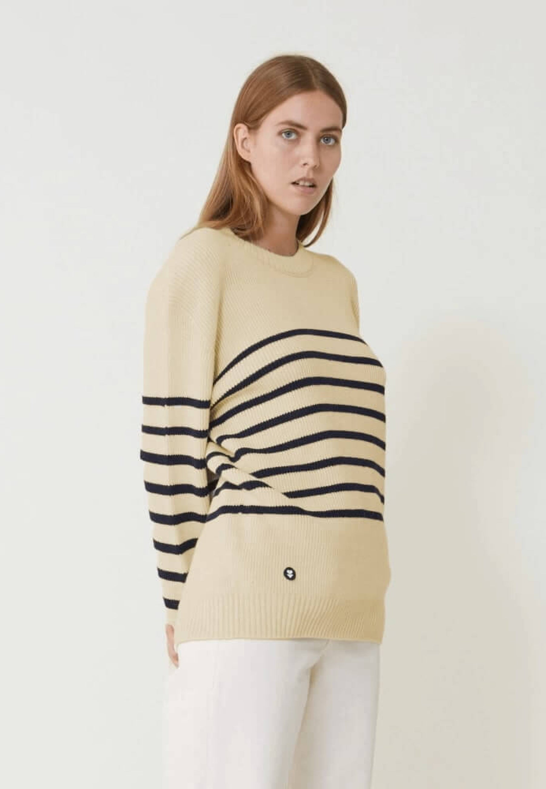Pull mixte en laine française - Lude Marinière Ecru Marine