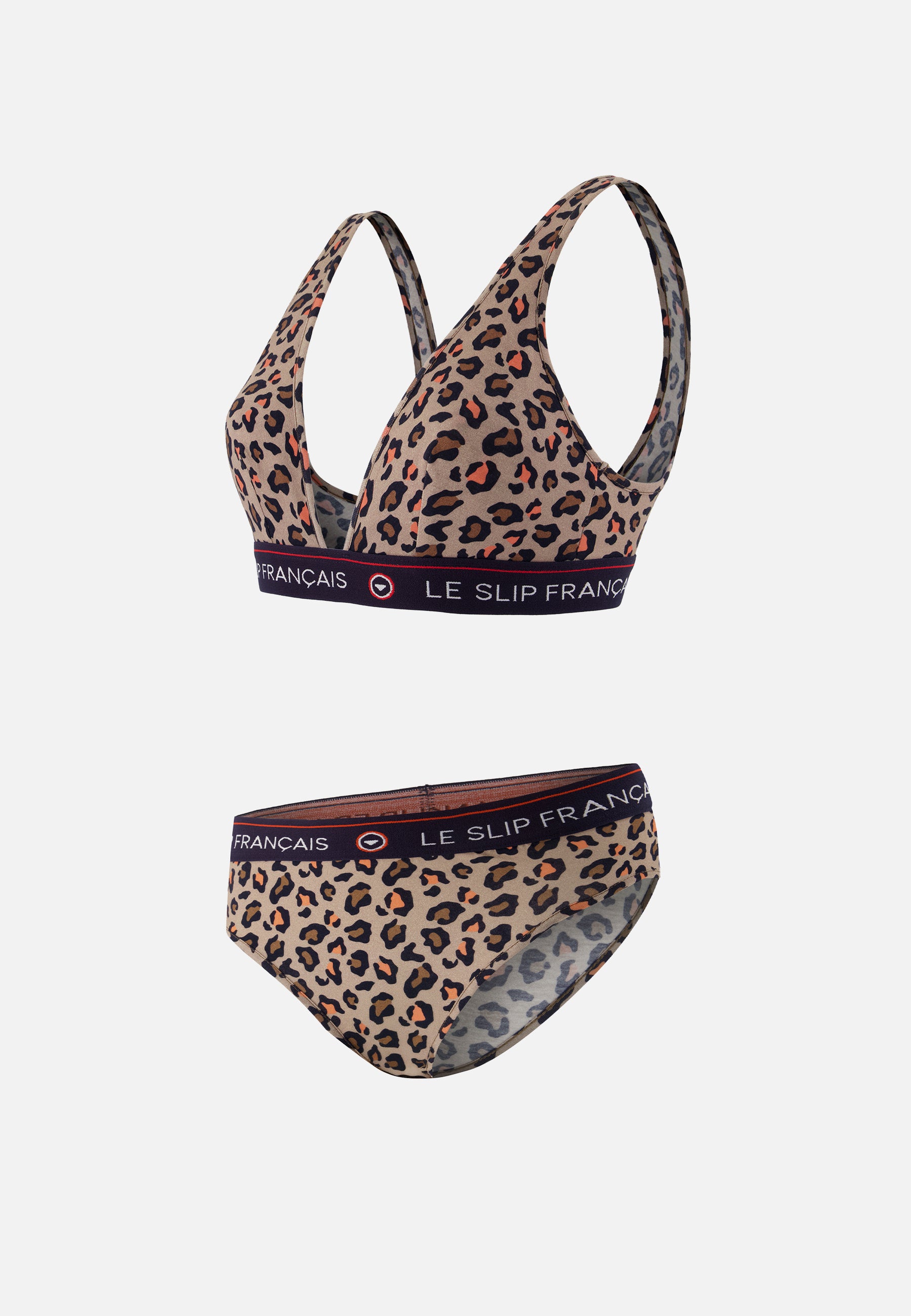 Triangle bra and high-waisted panty set in leopard print cotton - Seductive Leopard Bra, Laughing Leopard Panties
