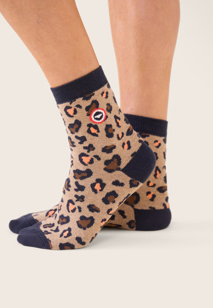 Set of 2 mid-calf cotton socks - Pink Peach Navy Leopard Print Socks