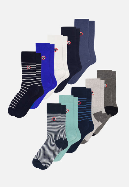 Lot de 10 chaussettes mi-hautes en coton - Chaussettes Marinière, Bleu Nautique, Vert Azur, Marine, Blanc, Marine Rayures Blanches, Marine Rayures Acier, Acier, Gris Anthracite et Gris Clair