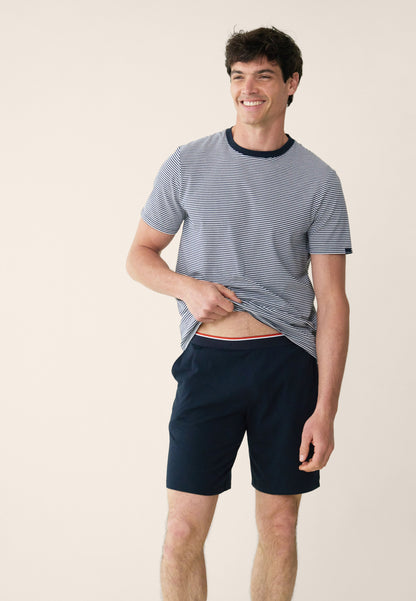 Ensemble pyjama haut marinière et short bleu marine en coton - Pyjama Haut Manches Courtes Et Bas De Pyjama Court Jeason Marine Marinière