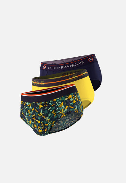 Pack of 3 cotton briefs - Navy, Jungle, Khaki, Veronese, Lemon Yellow