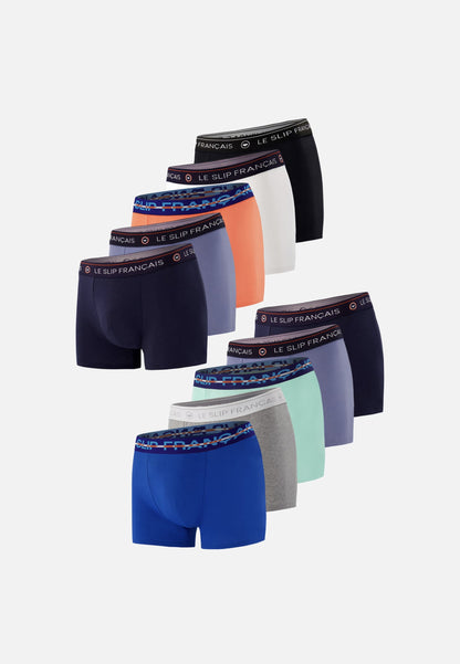 Lot de 10 boxers en coton - Boxers Noir Marine Blanc Bleu Jean Orange Gris Chiné Bleu Nautique Vert Azur