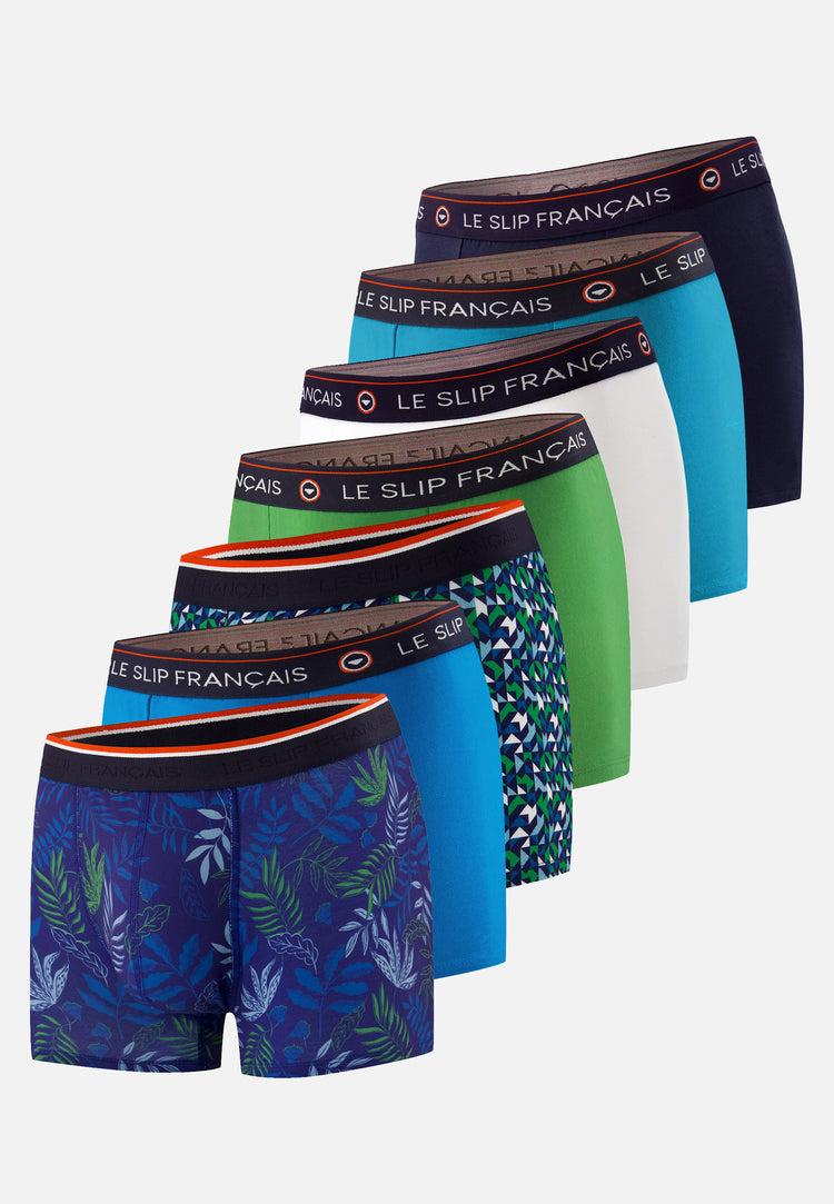 Lot de 7 boxers en coton - Boxers Sous Bois Indigo Topaz Mint Green Bleu Turquoise Mosaïque Blanc Marine - Le Slip Français - 1