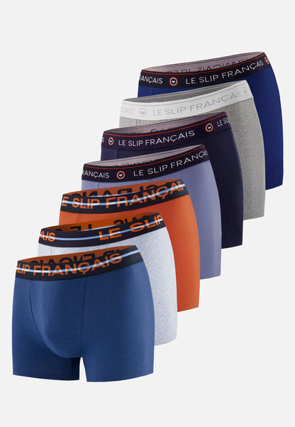 Lot de 7 boxers en coton - Boxers Marine Brique Acier Bleu Ciel Gris Chiné Bleu Jean Indigo