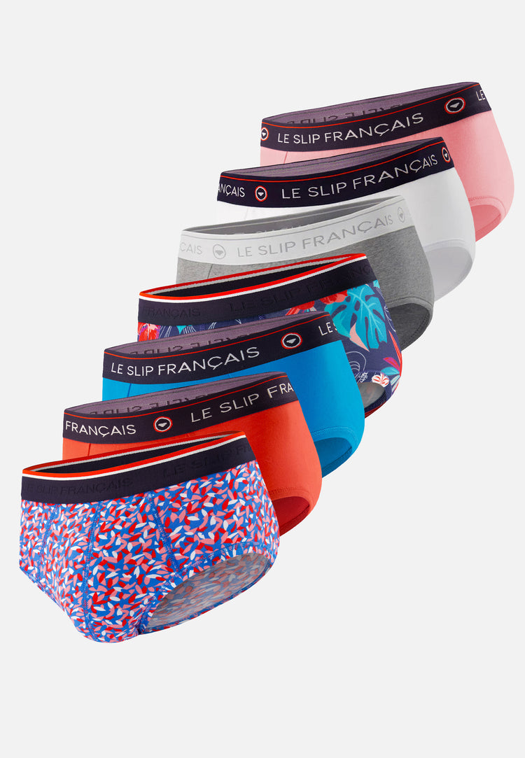 Lot de 7 slips en coton - Semainier Slip Intrépide Rose des Bois Bleu Fluo Gris Chiné Rouge Argile Blanc Terrible Hawaï Gavotte Bleu Fluo - Le Slip Français - 1