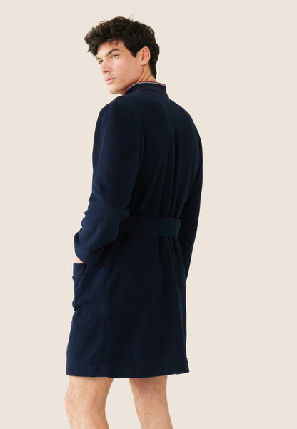 Men's warm navy blue dressing gown with classic collar - Maxime En Polaire Marine