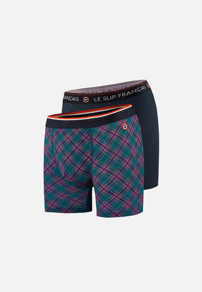 Lot de 2 boxers longs en coton - Boxers Longs Tartan Bleu Canard Bleu Marine