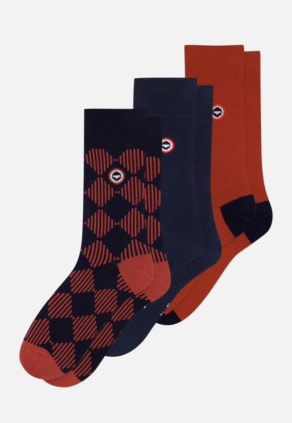 Lot de 3 chaussettes mi-haute en coton - Chaussettes Marine Rouge Brique Damier Rouge Brique Marine