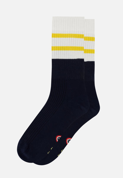 Striped mid-calf sports socks in yellow and navy blue - Wilfried Bloc Lemon Yellow Navy