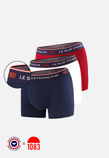 Lot de 3 boxers en coton bio - Boxers Marine Blanc Rouge - Collab 1083