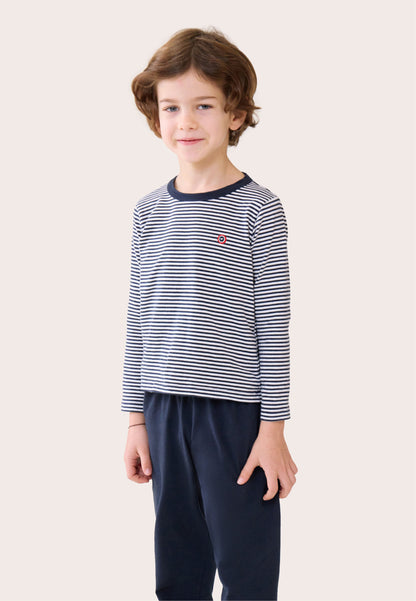 Ensemble pyjama enfant haut marinière et pantalon bleu marine en coton - Pyjama Haut Manches Longues Et Bas De Pyajma Long Petit Jeason Marinière Marine