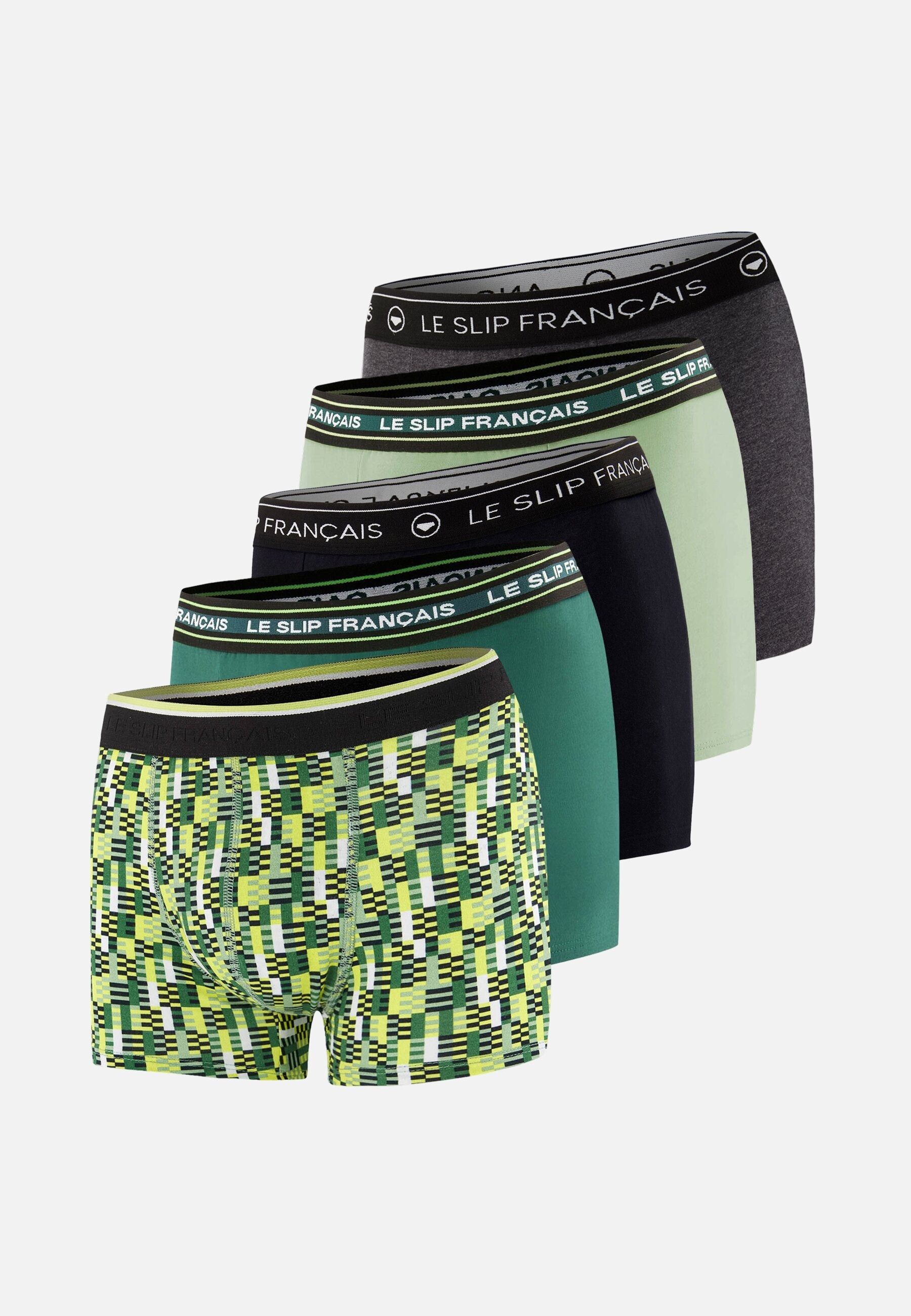 Lot de 5 boxers en coton - Boxers Entrelacés Jaune Anis Vert Forêt Vert Sauge Anthracite Noir
