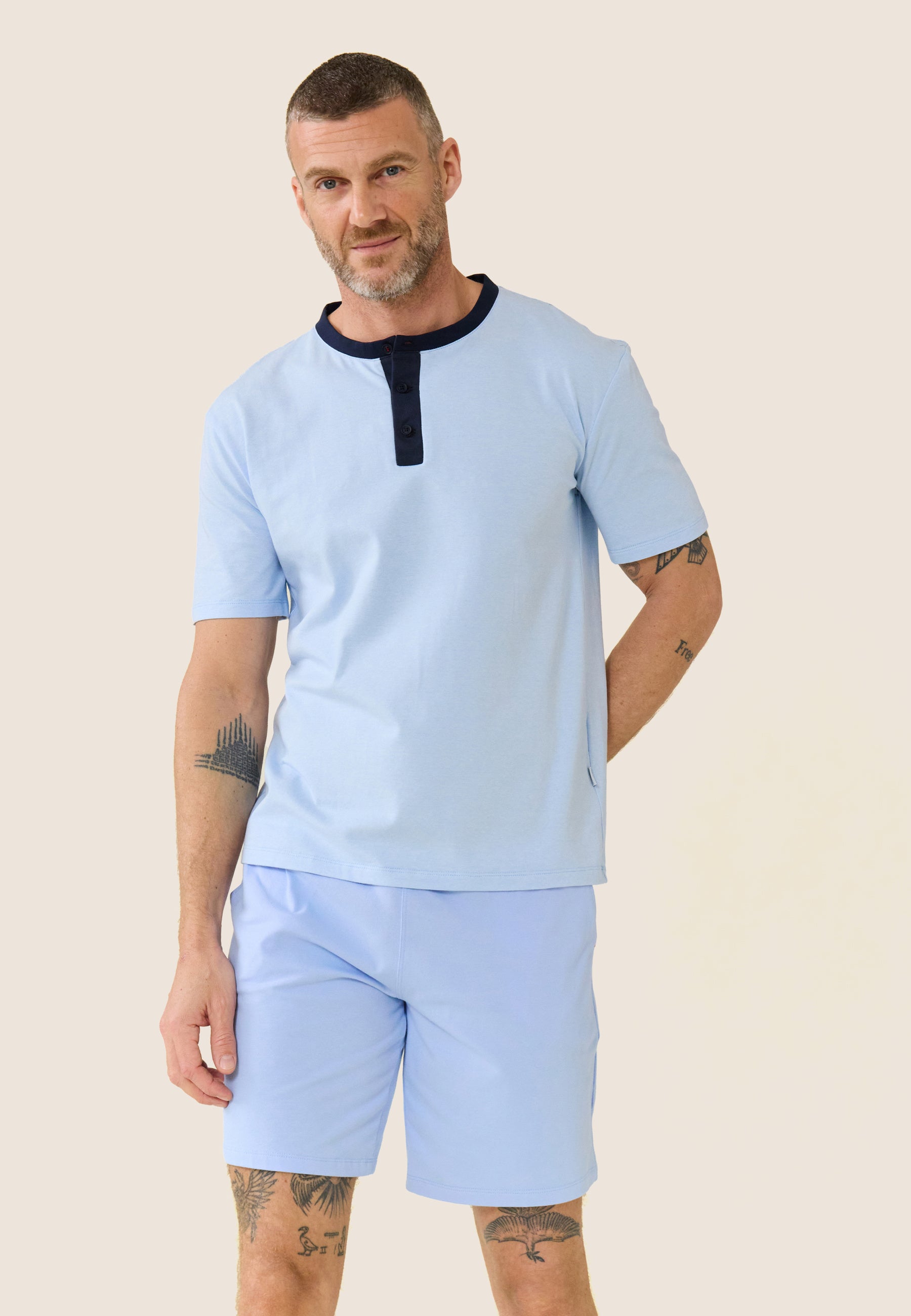 Ensemble de pyjama t-shirt et short en coton - Ensemble Pyjama Yvan Bleu ciel