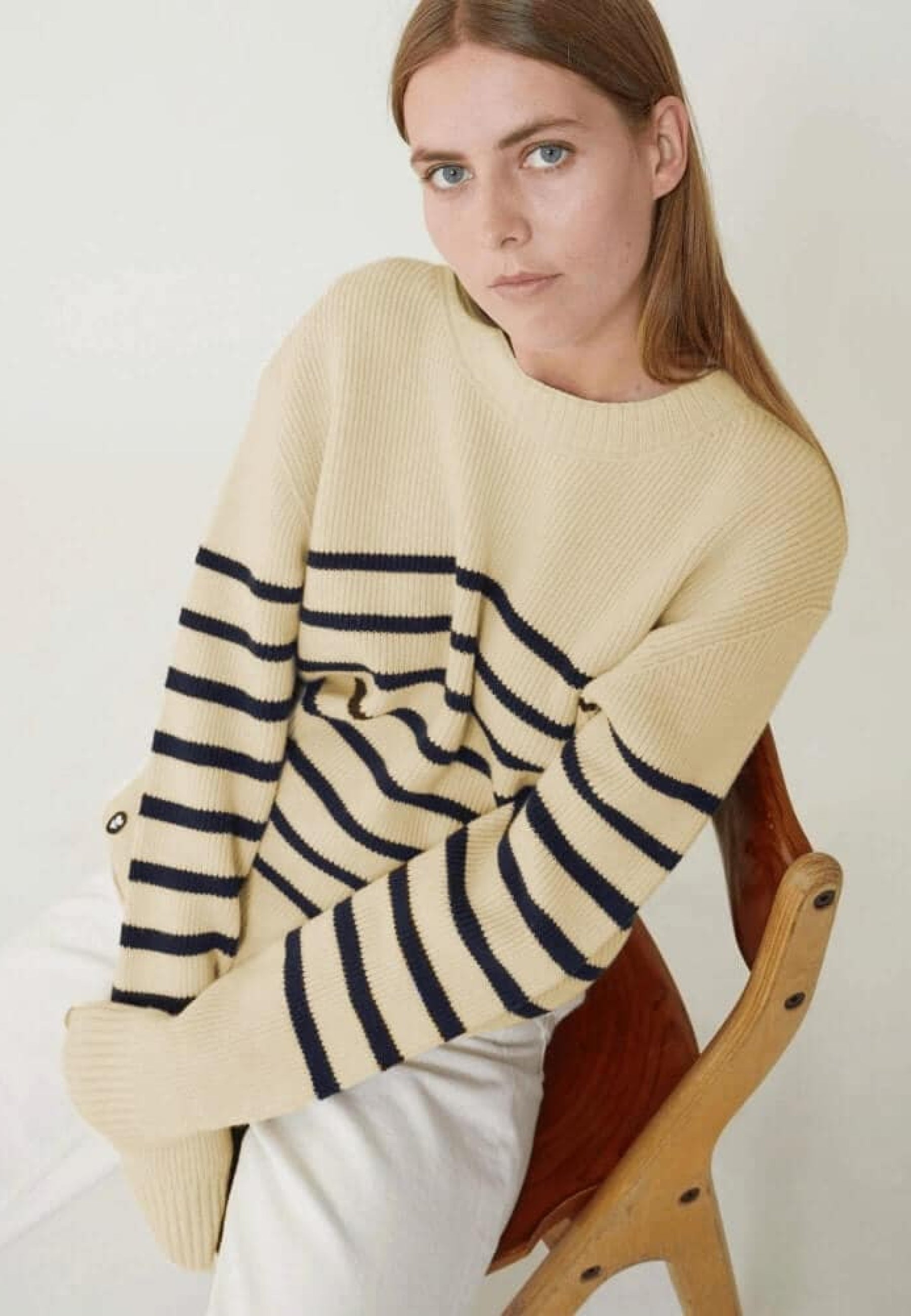 Pull mixte en laine française - Lude Marinière Ecru Marine