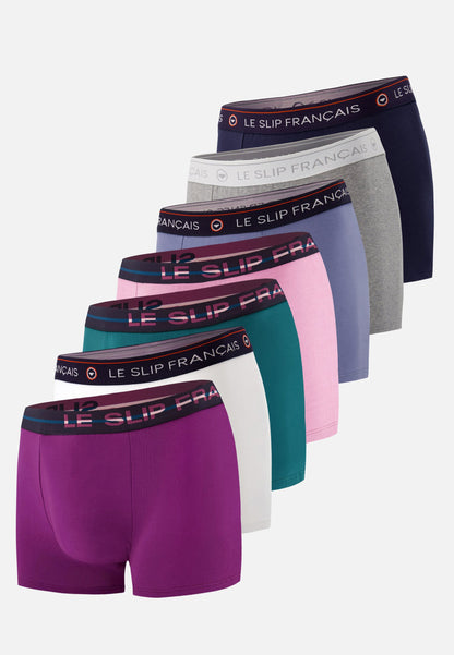 Lot de 7 boxers en coton - Boxers Marine Violet Bleu Canard Rose Blanc Bleu Jean Gris Chiné