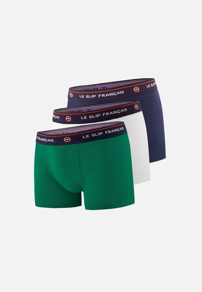 Lot de 3 boxers enfants en coton - Boxers Emeraude Marine Blanc