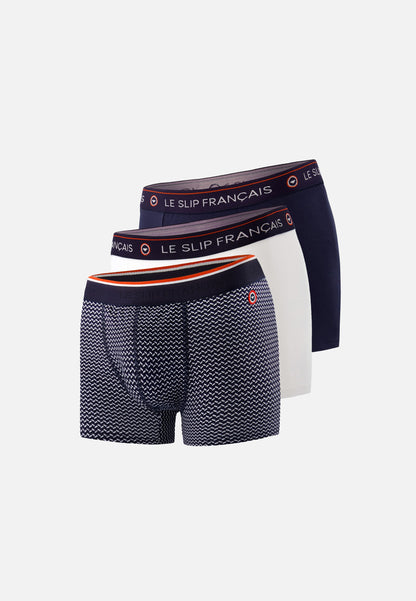 Lot de 3 boxers en coton - Boxers Chevron Marine Blanc